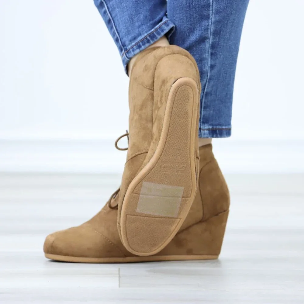 Tan Faux Suede Round Toe Wedge Heel Lace Up Ankle Boots - Picture 12 of 12
